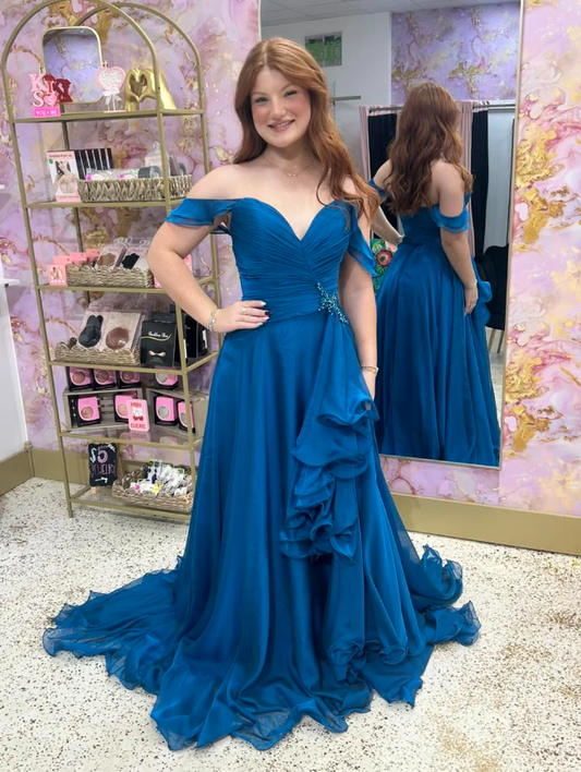 Charming Dark Blue A Line Off the Shoulder Ruffle Satin Long Prom Dress Evening Dress SH6588