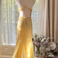 Light Yellow Mermaid Spaghetti Strap Sequin Beaded Chiffon Open Back Party Dress Evening Dress SH2934