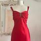 Vintage Red A Line Straps Ruffle Satin Prom Dress Wedding Guest Dress with Slit SH4553