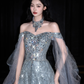Shiny Exquisite Beaded A Line Off the Shoulder Grey Tulle Long Evening Dress Ball Gown SH3488
