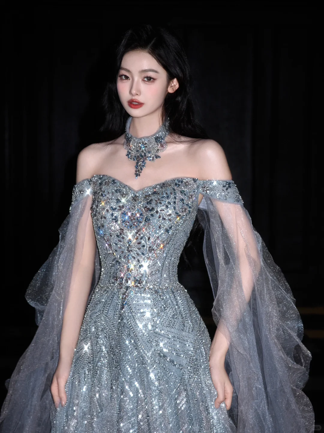 Shiny Exquisite Beaded A Line Off the Shoulder Grey Tulle Long Evening Dress Ball Gown SH3488