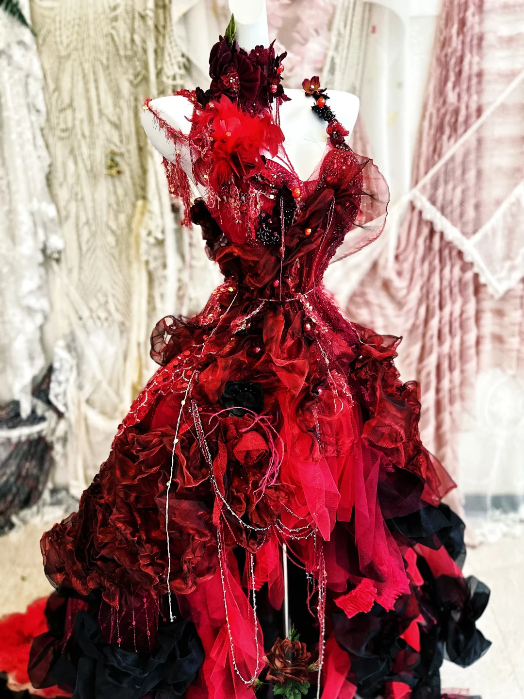 Stunning Burgundy Ball Gown Spaghetti Strap Floral Beaded Tulle Prom Dress 16th Birthday Dress SH4262