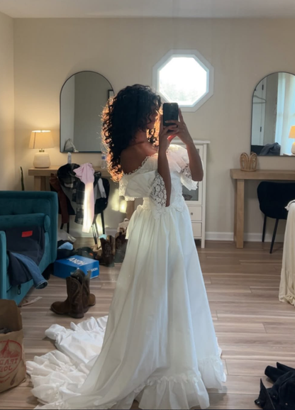 Stylish A Line Off the Shoulder White Lace Satin Long Prom Dress Wedding Dress SH8741
