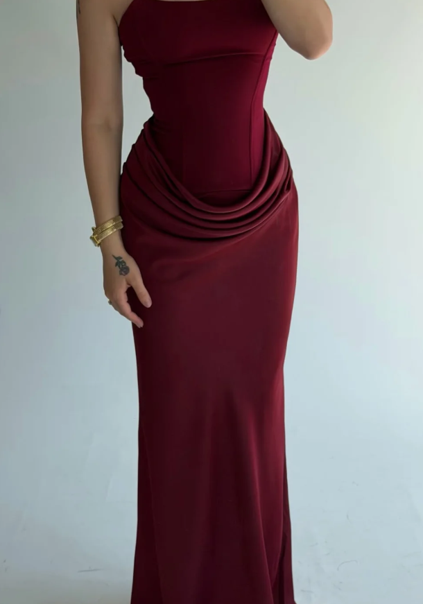 Elegant Sheath Strapless Burgundy Satin Long Prom Dress Evening Dress SH7296