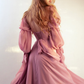 Gentle Purple A Line Long Sleeve V Neck Chiffon Long Prom Dress Evening Dress SH3321