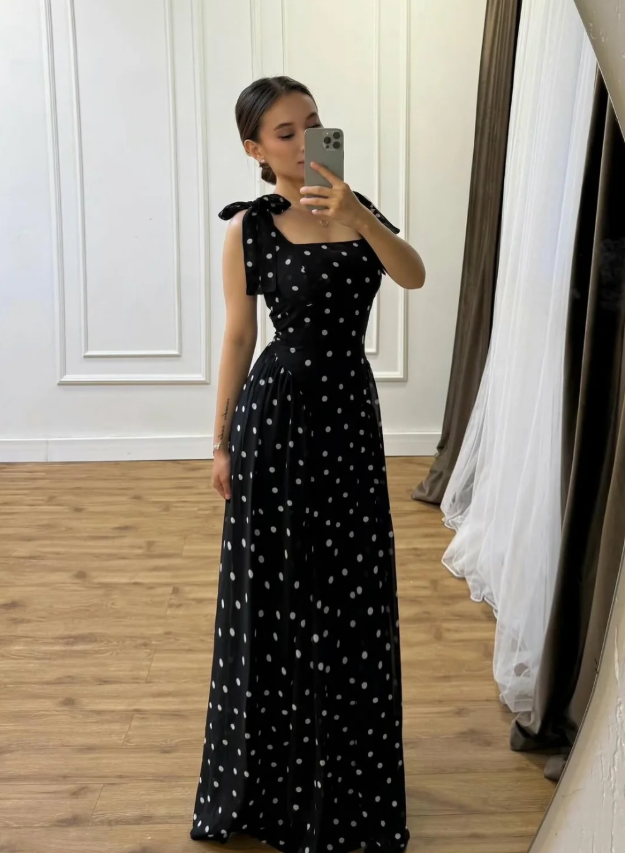 Simple Polka Dot A Line Strap Chiffon Long Prom Dress Evening Dress SH7299