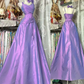 Vintage Romantic Purple A Line Spaghetti Strap Bow Satin Prom Dress Evening Dress SH5627