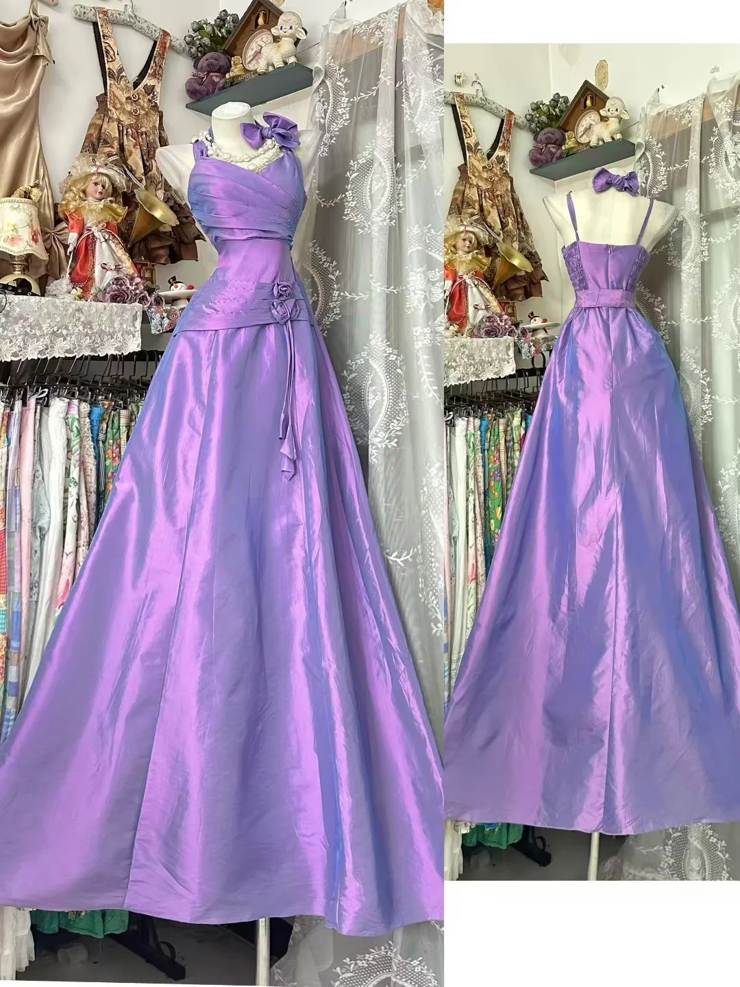 Vintage Romantic Purple A Line Spaghetti Strap Bow Satin Prom Dress Evening Dress SH5627