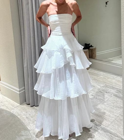 White Strapless Multi-layer Evening Dress Long White Prom Dress SH1367