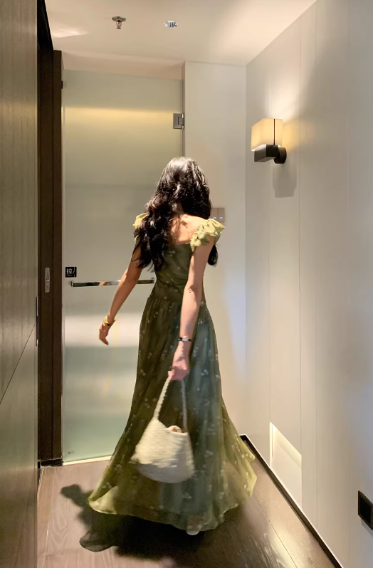 Green Gentle A Line Straps V Neck Print Floral Chiffon Prom Dress Party Dress Outfits SH5060