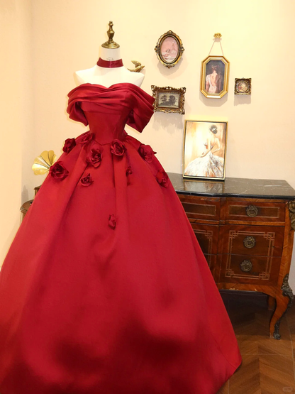 Red Ball Gown Off the Shoulder Floral Satin Prom Dress Evening Dress SH7374