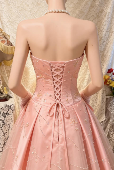 Princess Pink A Line Strapless Beaded Satin Tulle Long Prom Dresses 16th Birthday Dresses SH4636