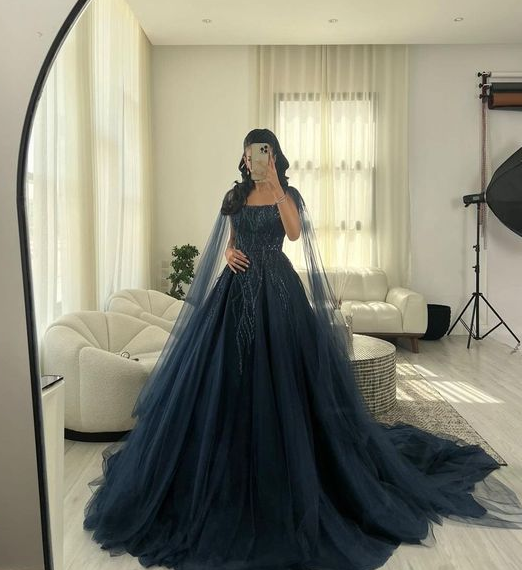 Glitter Navy Blue Square Neck Tulle Long Prom Dress Ball Gown Quinceanera Dress SH916