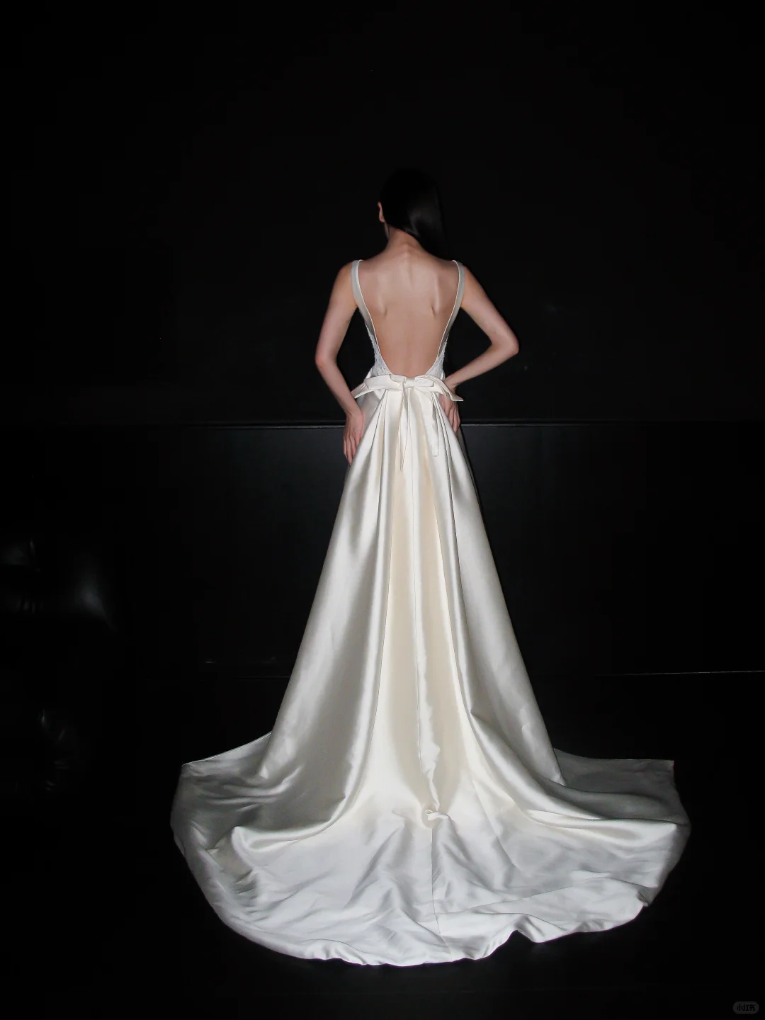 Backless Simple A Line White Beaded Lace Satin Long Wedding Dress SH5969
