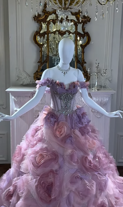 Princess Purple Ball Gown Off the Shoulder Floral Tulle Long Sweep Prom Dress 16th Birthday Dress SH4649