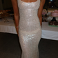 Charming Sheath Spaghetti Straps Champagne Sequin Long Prom Dress Evening Dress SH1969