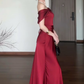 Elegant Sheath Off the Shoulder Burgundy Satin Long Prom Dress SH5294