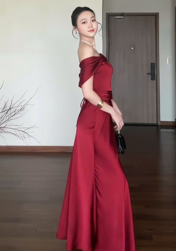 Elegant Sheath Off the Shoulder Burgundy Satin Long Prom Dress SH5294