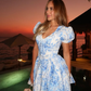 Blue Print A Line Puff Sleeve V Neck Satin Short Homecoming Dress Outfits SH6500