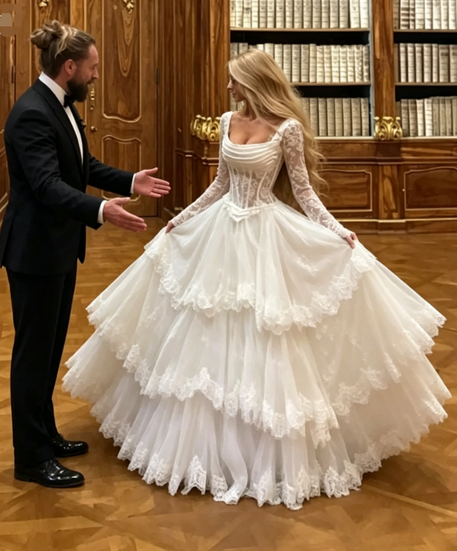 Stunning Ball Gown Corset  Lace Layered Tulle Long Wedding Dress SH7075