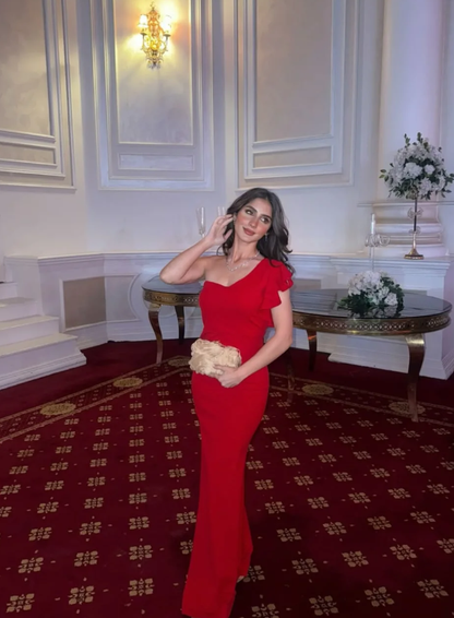Charming Red Sheath One Shoulder Satin Prom Dress Wedding Guest Dress SH6019