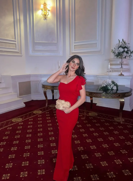 Charming Red Sheath One Shoulder Satin Prom Dress Wedding Guest Dress SH6019