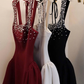 Cute A Line Strap RhineStone Burgundy Satin Short Party Dress Homecoming Dress SH2820