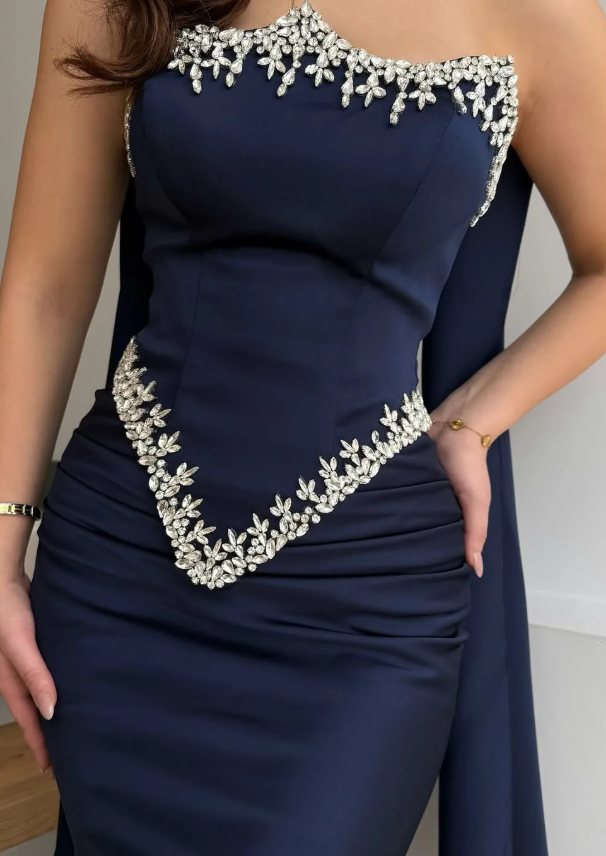 Navy Blue Sheath Strapless Exquisite Beaded Satin Prom Dress Evening Dress SH5397