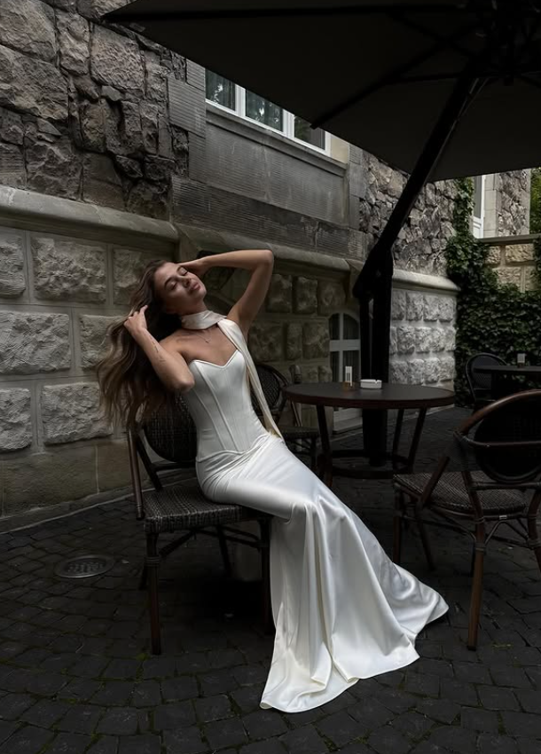 Classy Mermaid Sweetheart Neck White Satin Long Prom Dress Wedding Dress SH4617