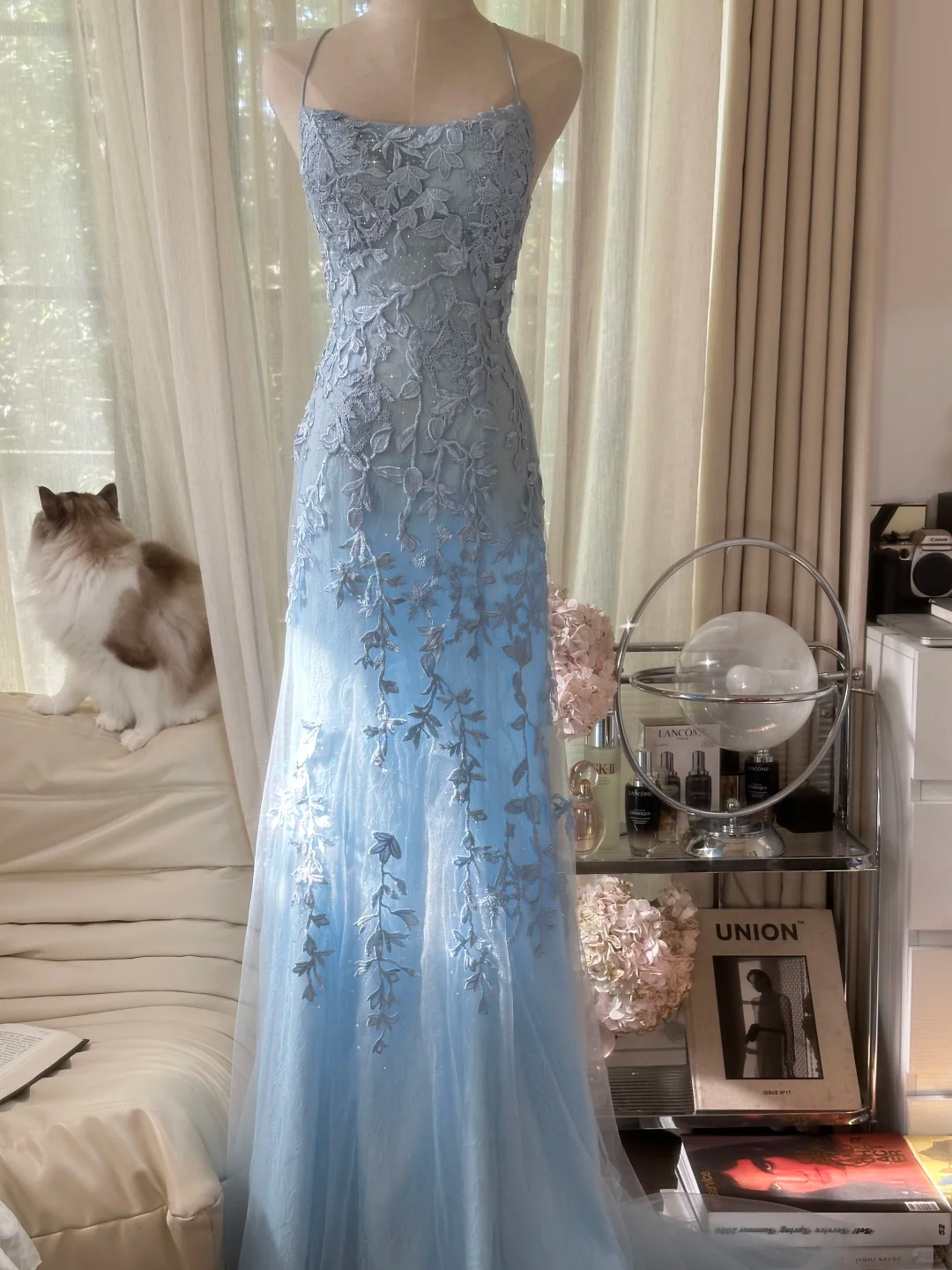 Light Blue A Line Spaghetti Straps Appliques Tulle Open Back Party Dress Evening Dress SH2935