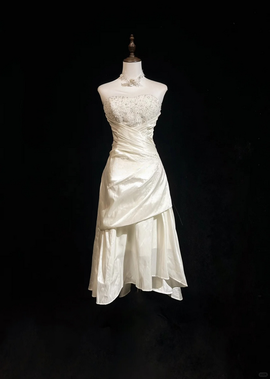 Vintage A Line Sweetheart Neck Beaded White Satin Short Homecoming Dress Cocktail Dress SH3148