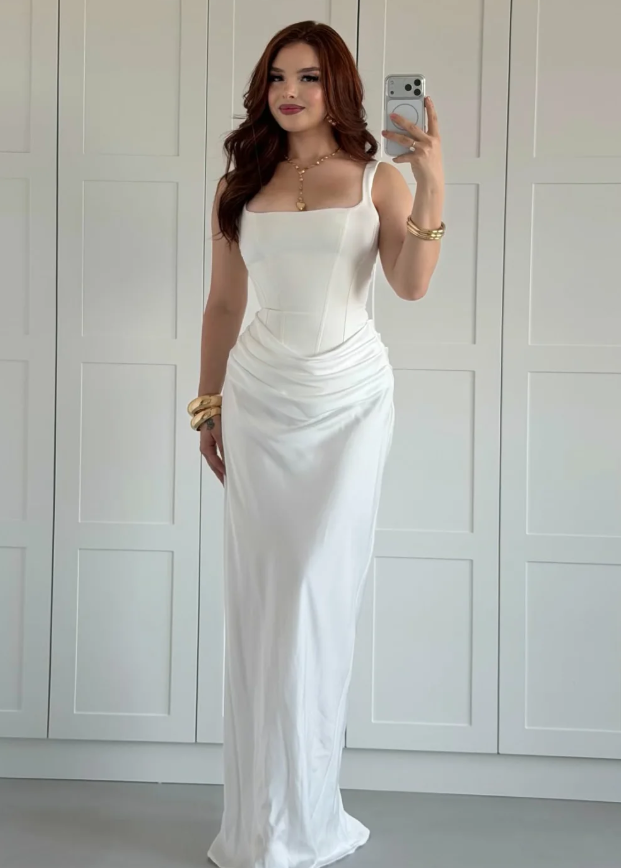 High-class Sheath Straps White Satin Long Prom Dress Evening Dress SH7294