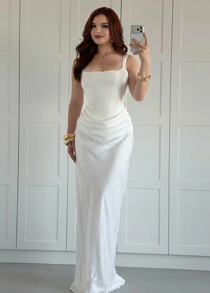 High-class Sheath Straps White Satin Long Prom Dress Evening Dress SH7294