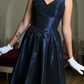 Vintage Navy Blue A Line V Neck Satin Prom Dress Evening Dress Date Dress SH5640