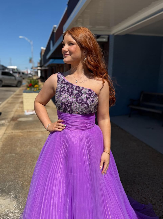 Beautiful A Line One Shoulder Beaded Purple Tulle Long Prom Dress Evening Dress SH7234