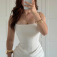 High-class Sheath Straps White Satin Long Prom Dress Evening Dress SH7294