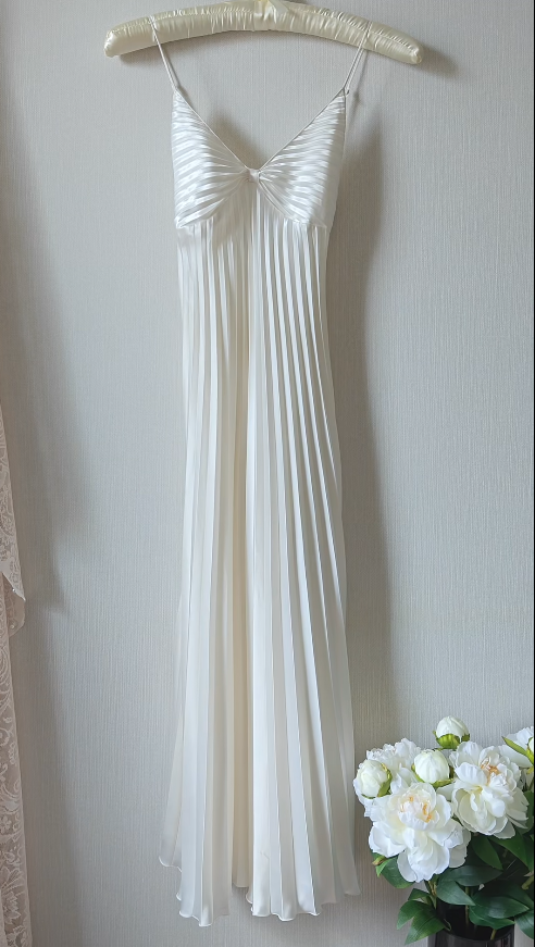Simple A Line Spaghetti Straps Pleated White Satin Chiffon Prom Dress Evening Dress SH4243