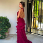 Sexy A Line Halter Tiered Burgundy Chiffon Prom Dress Evening Dress with Slit SH2635