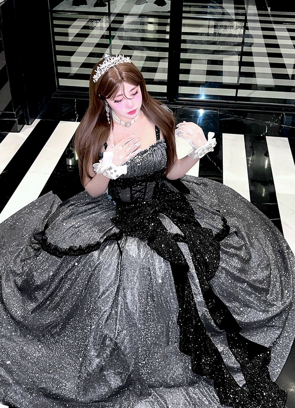 Stunning Black Bow A Line Sequin Lolita Goth Boning Dress Prom Dress SH4912