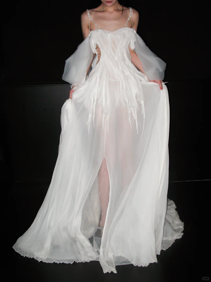 Graceful Flowing A Line Beaded White Chiffon Long Wedding Dress SH5872