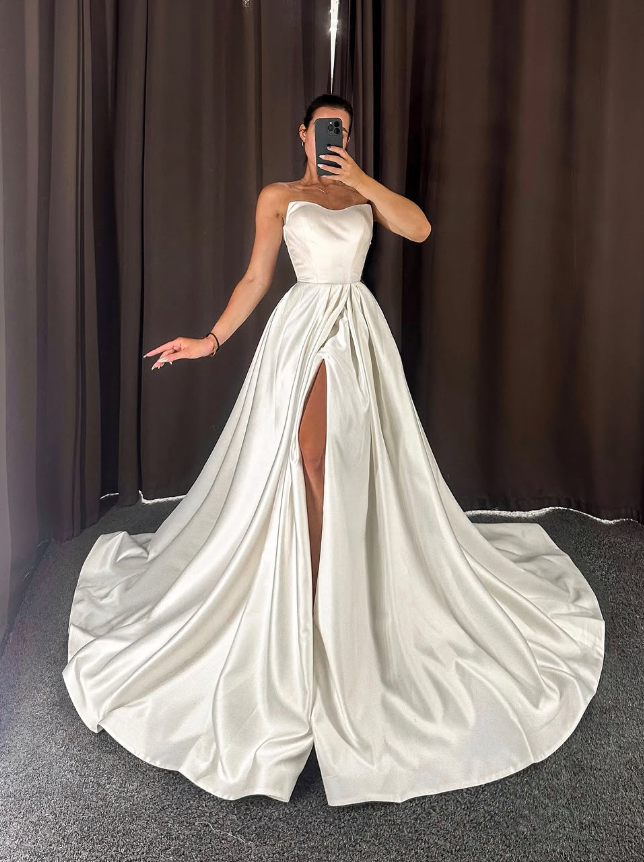Charming A Line Sweetheart Neck White Satin Wedding Dress with Slit SH6186