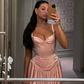 Pink A Line Spaghetti Straps Appliques Satin Long Prom Dress Evening Dress SH1787