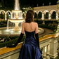 Vintage Navy Blue Exquisite Floral Long Satin Ball Gown Evening Dress Prom Dress SH4823