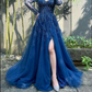Blue Long Sleeves Slit Prom Dress Long Party Dress Evening Dress SH903