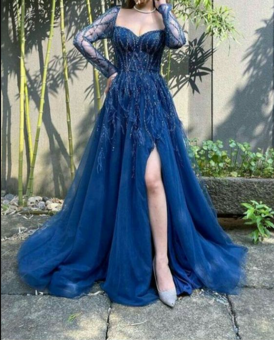 Blue Long Sleeves Slit Prom Dress Long Party Dress Evening Dress SH903 shinydress Blue Long Sleeves Slit Prom Dress Long Party Dress Evening Dress SH903 shinydress