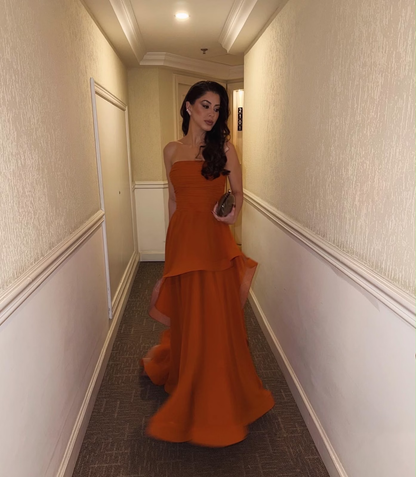 Simple Orange A Line Strapless Layered Chiffon Prom Dress Evening Dress SH8563