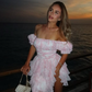 Sweety Pink A Line Off the Shoulder Print Chiffon Short Homecoming Dress Outfits SH6495