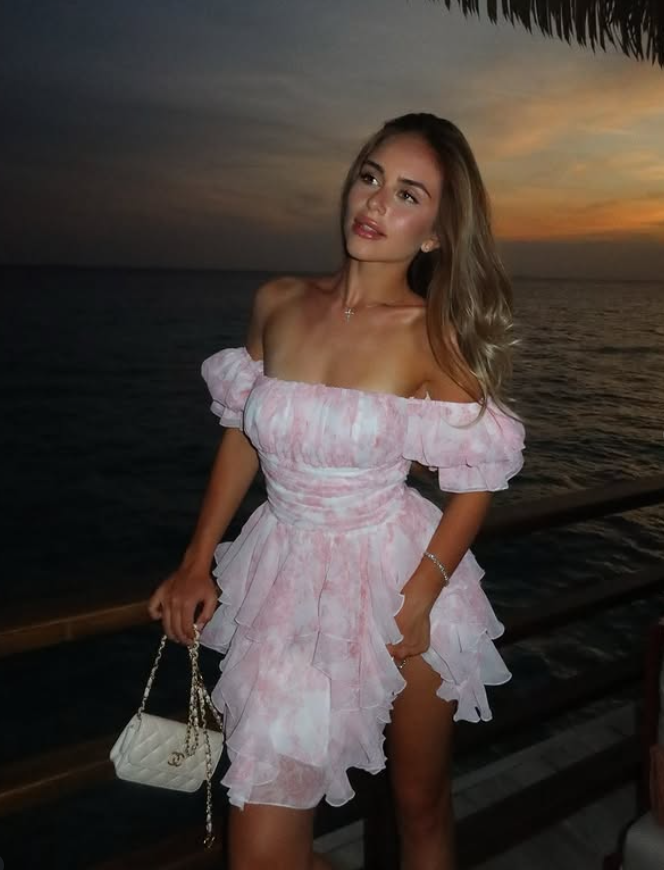 Sweety Pink A Line Off the Shoulder Print Chiffon Short Homecoming Dress Outfits SH6495