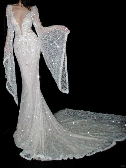Sexy Mermaid Long Sleeve White Lace Open Back Long Sweep Wedding Dress SH5230
