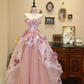 Pink A Line Strapless Beaded Floral Tulle Lace Long Prom Dress Evening Dress SH7381